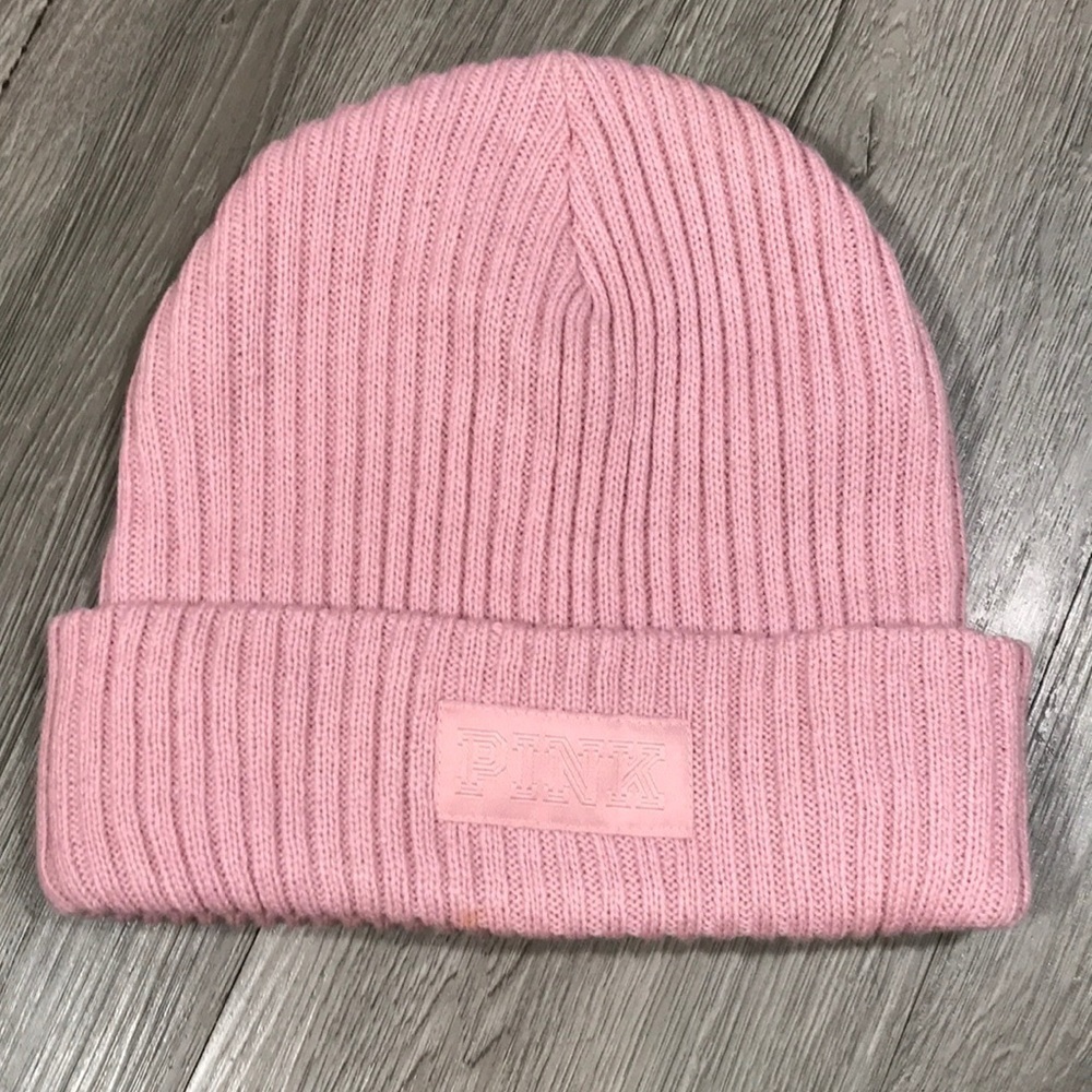 PINK Victoria’s Secret Classic Insignia Pale Pink Knit Beanie Hat